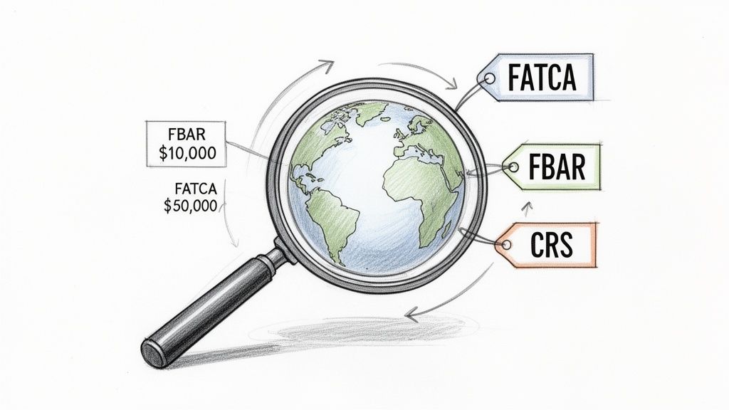 Illustration of a magnifying glass examining a globe, highlighting FBAR, FATCA, and CRS international tax rules.