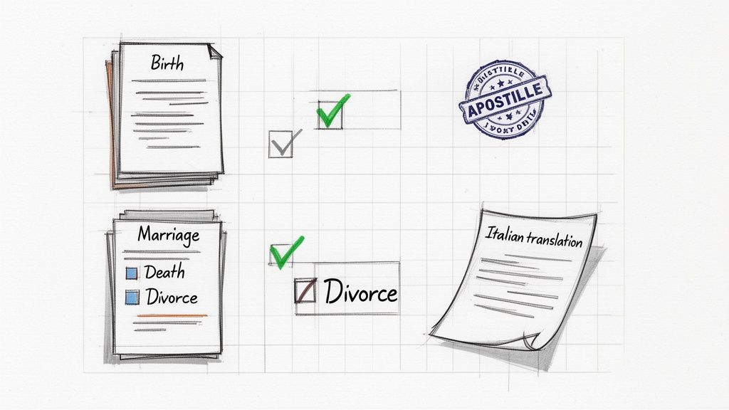 Sketches of birth, marriage, and divorce documents, with checkmarks, an apostille stamp, and Italian translation.