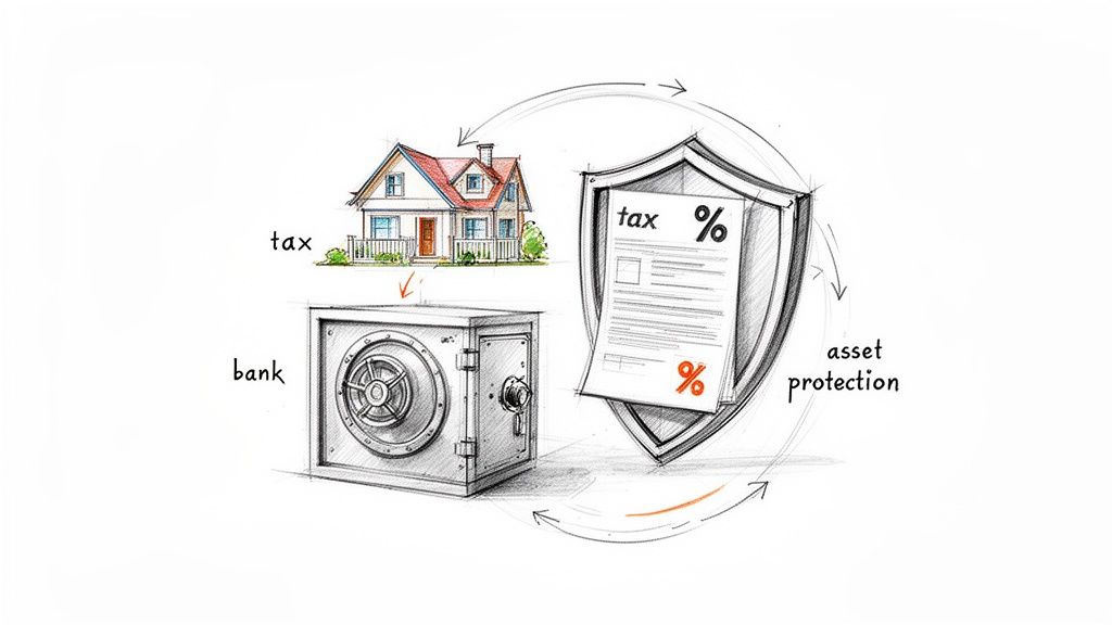 A sketch illustrating asset protection with a house, a bank safe, and a shield covering a tax document.