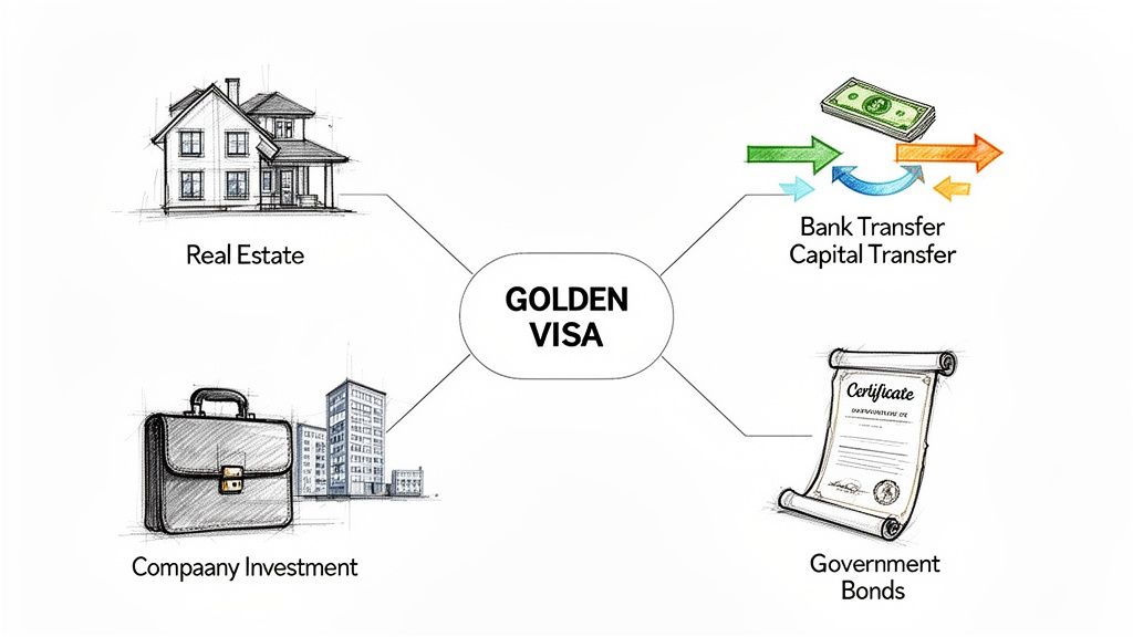 Diagram illustrating Golden Visa investment options including real estate, capital transfer, government bonds, and company investment.