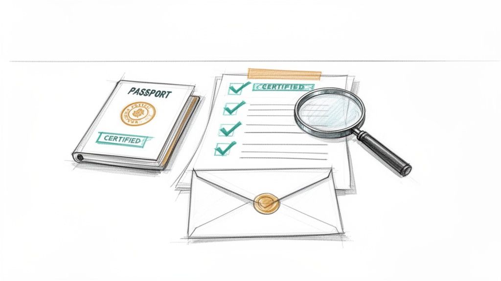 Illustration of a passport, certified documents, a magnifying glass, and a sealed envelope for official verification.