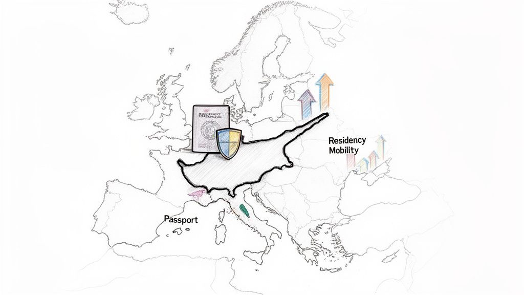 Map of Europe highlighting Cyprus with a passport, shield, and arrows indicating residency and mobility.
