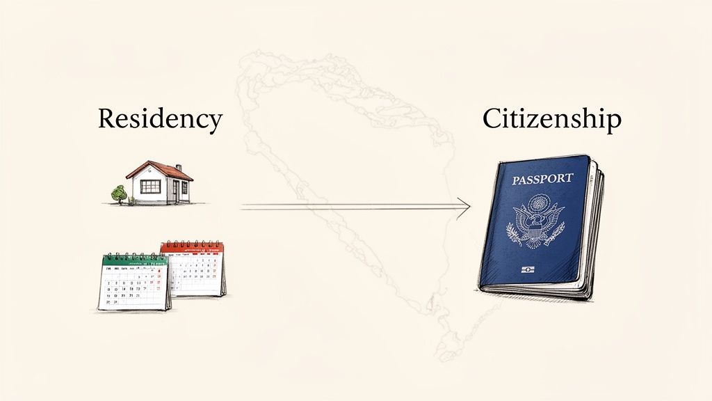 A conceptual diagram illustrating the process from residency (house, calendars) to citizenship (passport).