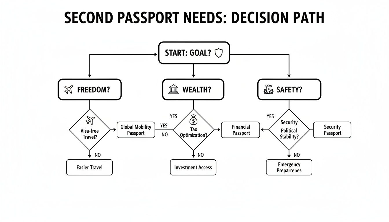 Flowchart outlining second passport needs, decision path based on freedom, wealth, and safety goals.