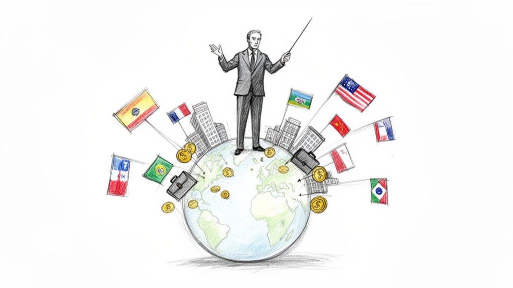 A businessman oversees global finance and international business, surrounded by flags, buildings, money, and briefcases.