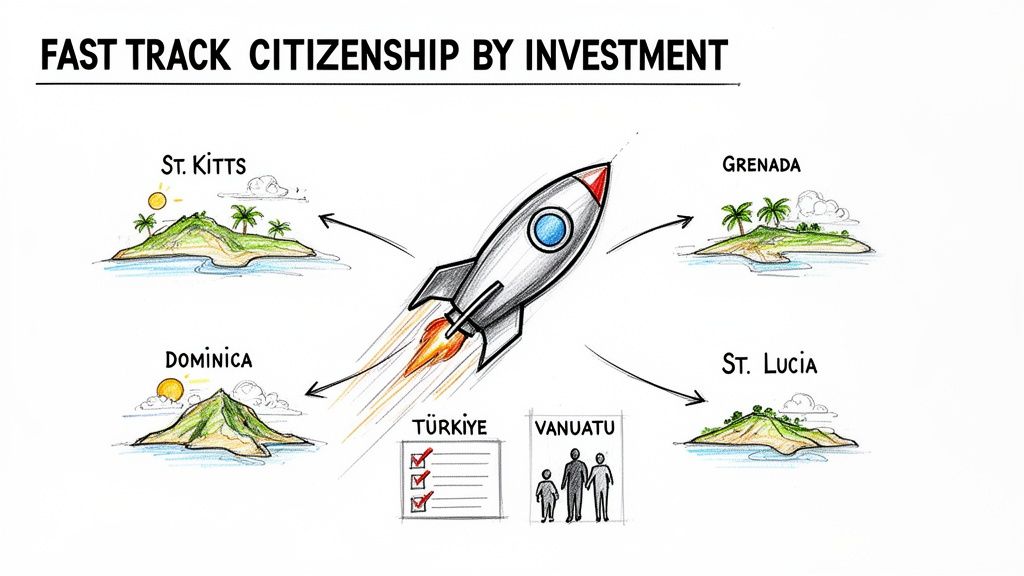 Diagram illustrating fast track citizenship by investment programs for St. Kitts, Grenada, Dominica, St. Lucia, Türkiye, and Vanuatu.