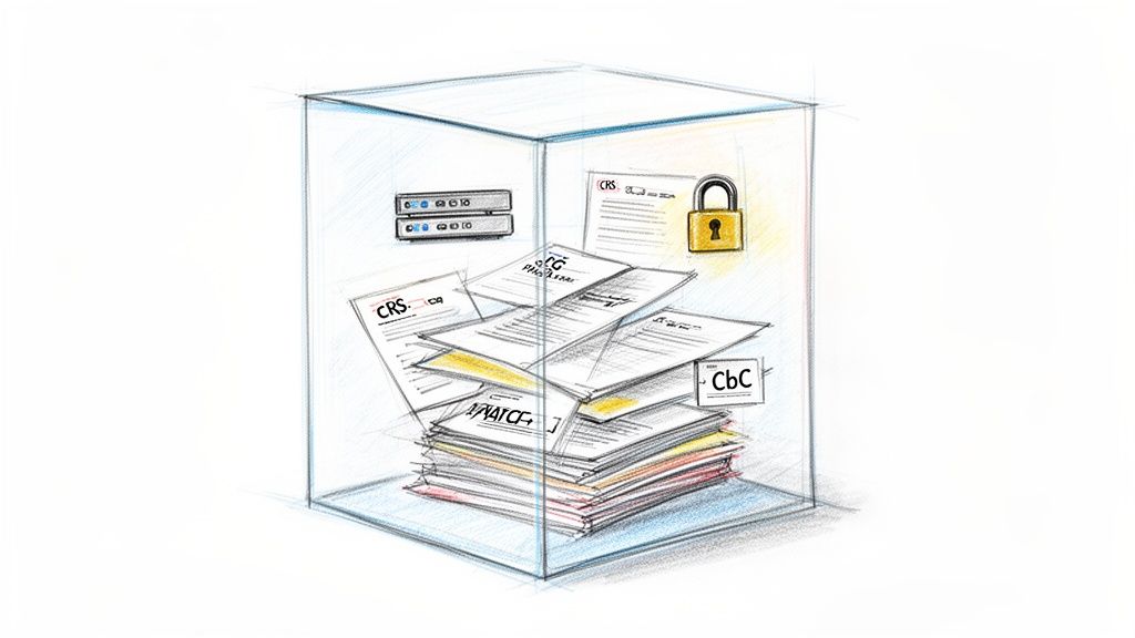 Illustration of tax compliance documents, servers, and a padlock inside a transparent box.
