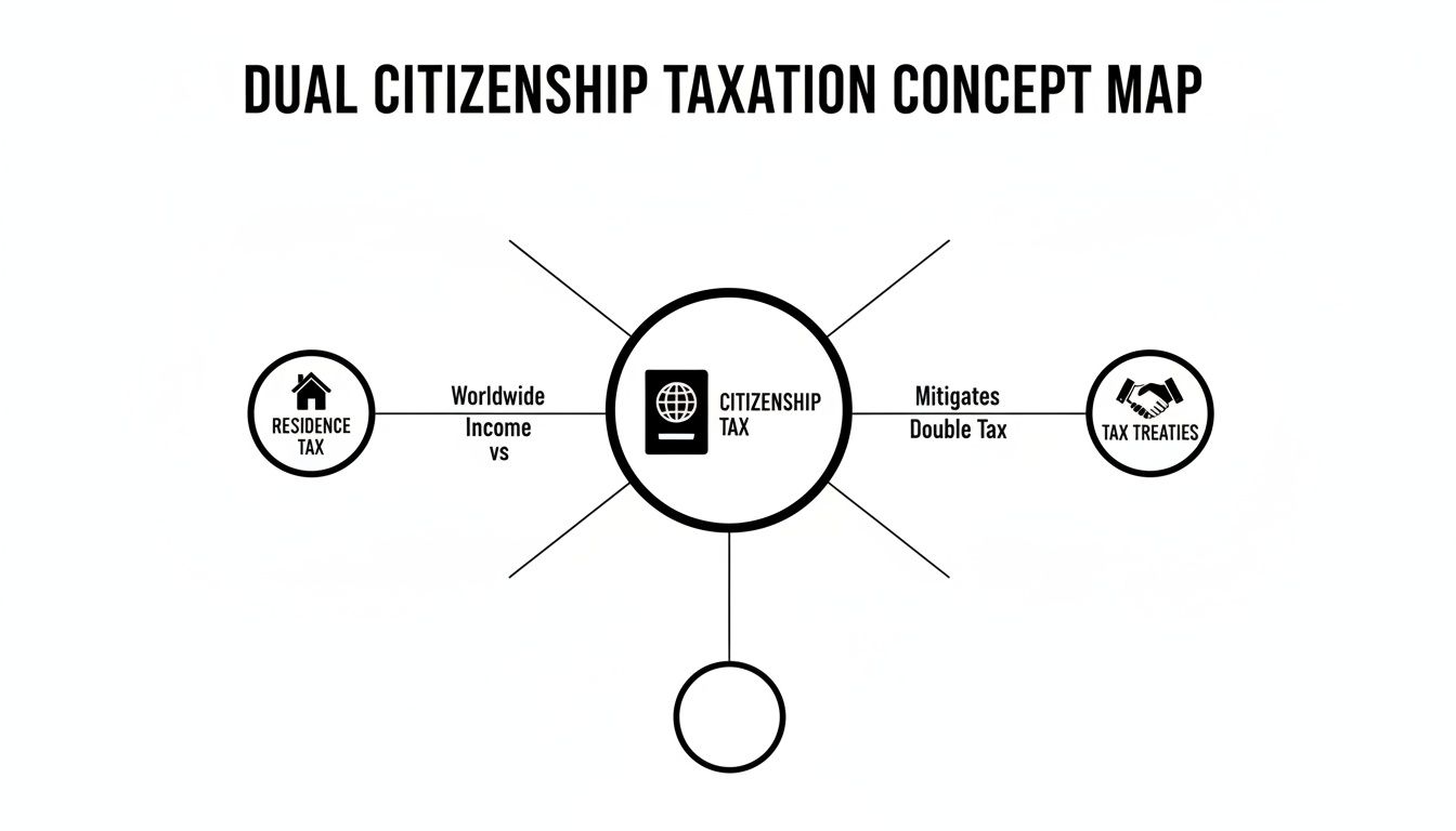 Concept map illustrating dual citizenship taxation, showing relationships between residence tax, citizenship tax, and tax treaties.
