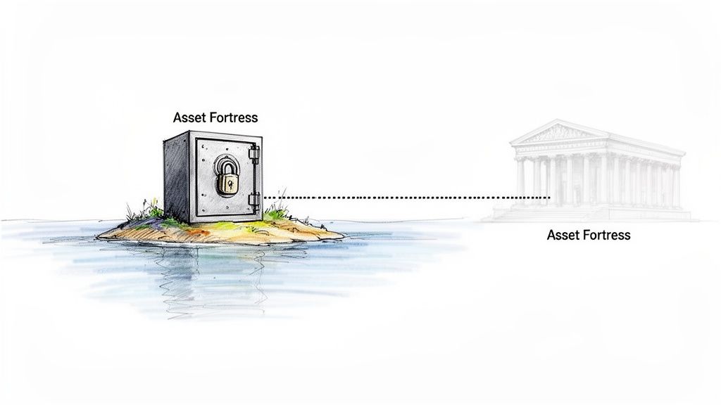 An illustration of a safe on an island connected to a distant bank building, both labeled "Asset Fortress".