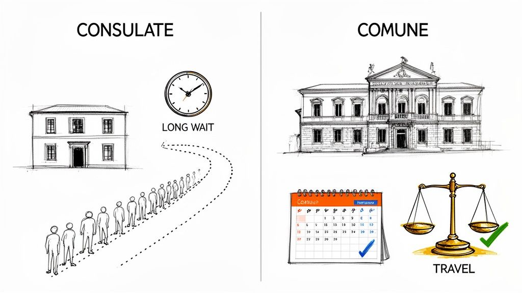 Illustration comparing the long wait times at a consulate versus faster travel to a comune for Italian citizenship.