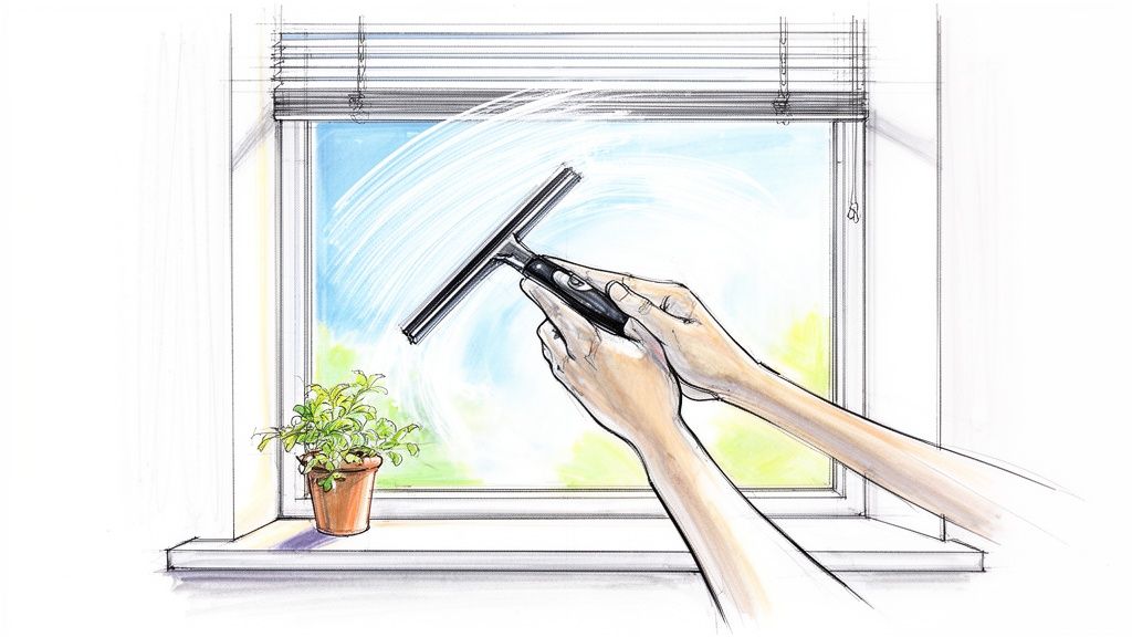 Sketch illustration of hands cleaning a window with a squeegee, a plant sits on the sill.