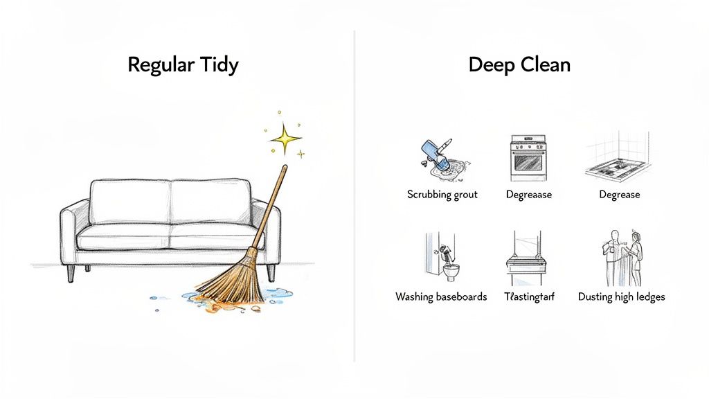 Image comparing regular tidying (sweeping near a couch) with detailed deep cleaning tasks like scrubbing grout and cleaning window sills.