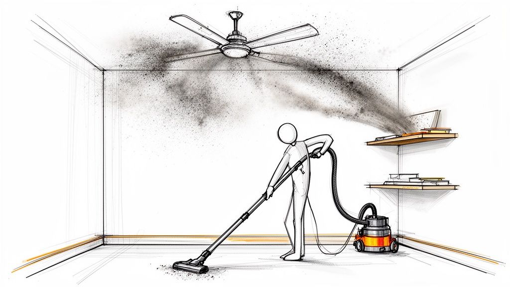 Illustrated sketch of a person vacuuming a room, stirring up dust that a fan spreads.
