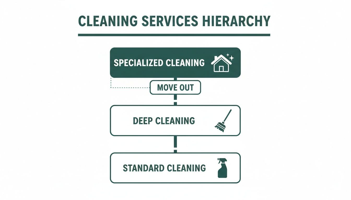 A cleaning services hierarchy chart, detailing specialized, move out, deep, and standard cleaning options.