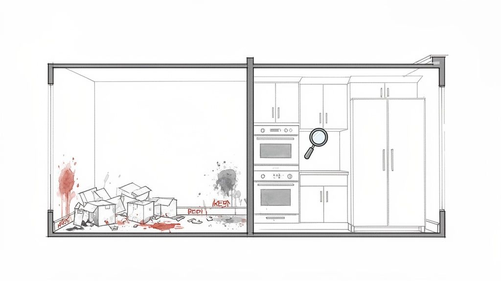 A cross-section showing a messy, blood-splattered room with boxes and a clean kitchen with a magnifying glass.