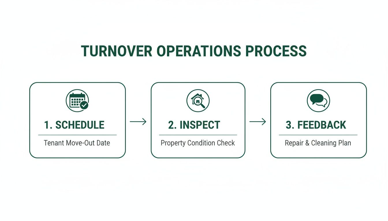Flowchart showing the three-step property turnover operations process: schedule, inspect, and feedback.