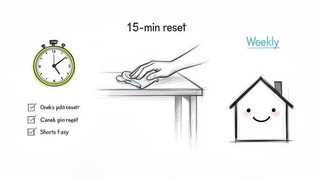 A graphic illustrating a 15-minute daily home cleaning reset and weekly chores, with a stopwatch and house icon.