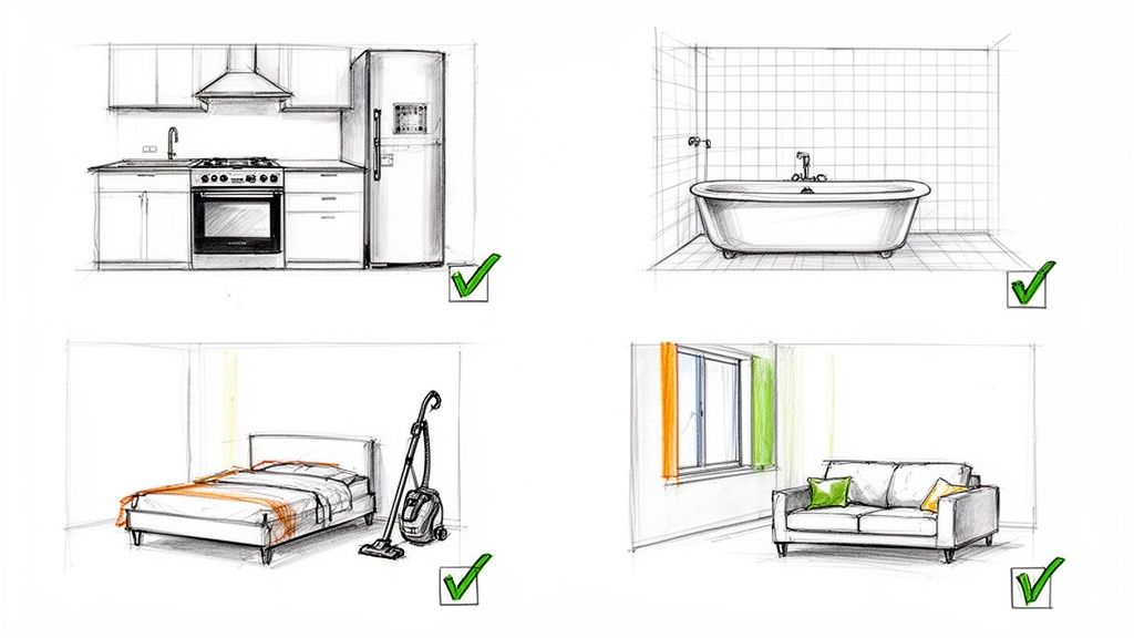 Sketches of a kitchen, bathroom, bedroom with a vacuum cleaner, and living room, illustrating areas for move-out cleaning.