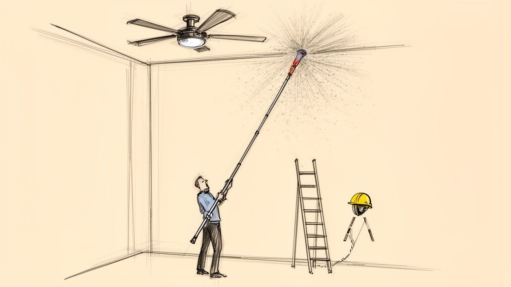 A man uses a long pole cleaner to spray disinfectant on a high ceiling near a fan.