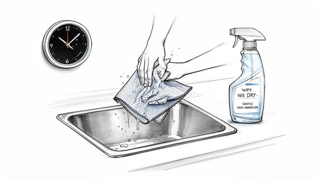 Hands wringing a wet cloth over a stainless steel sink with a cleaning spray bottle and wall clock.
