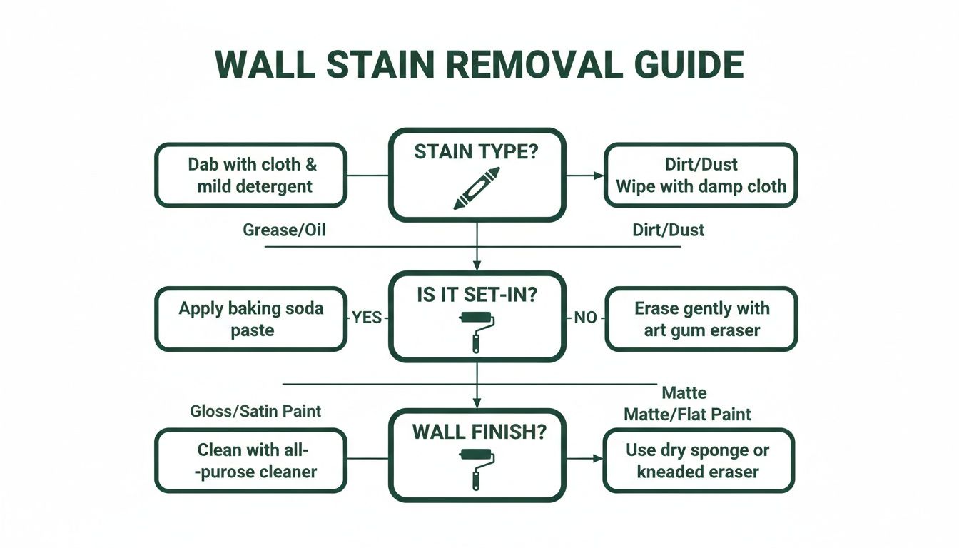 A flowchart guiding wall stain removal based on stain type, how set-in it is, and wall finish.