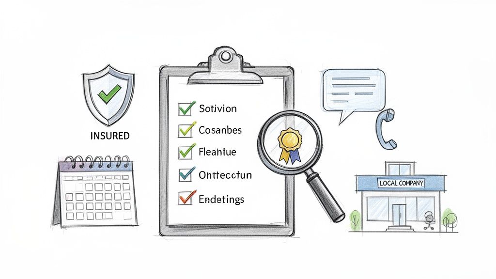 Icons representing quality service, including insurance, a checklist, local company, and customer support.