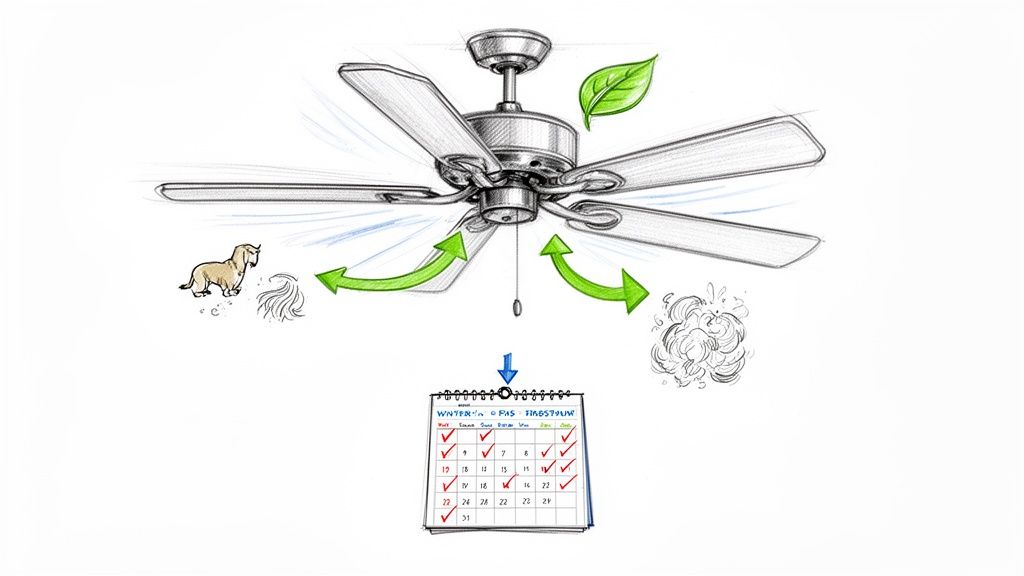 Illustration of a ceiling fan demonstrating how to clean dust and pet hair regularly.