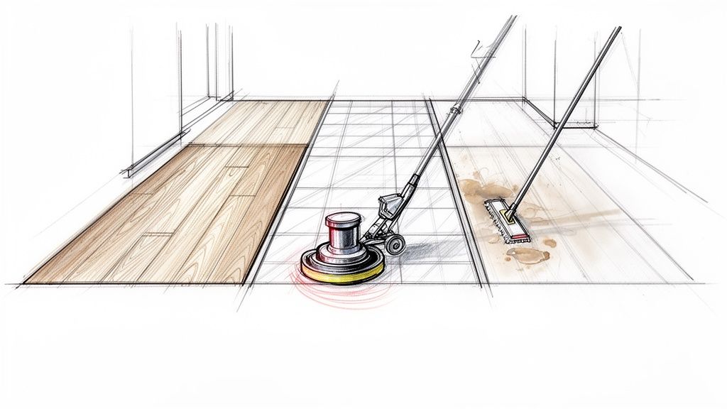 A sketch illustrating the floor cleaning process, showing clean wood, a floor buffer, and a mop cleaning dirt.