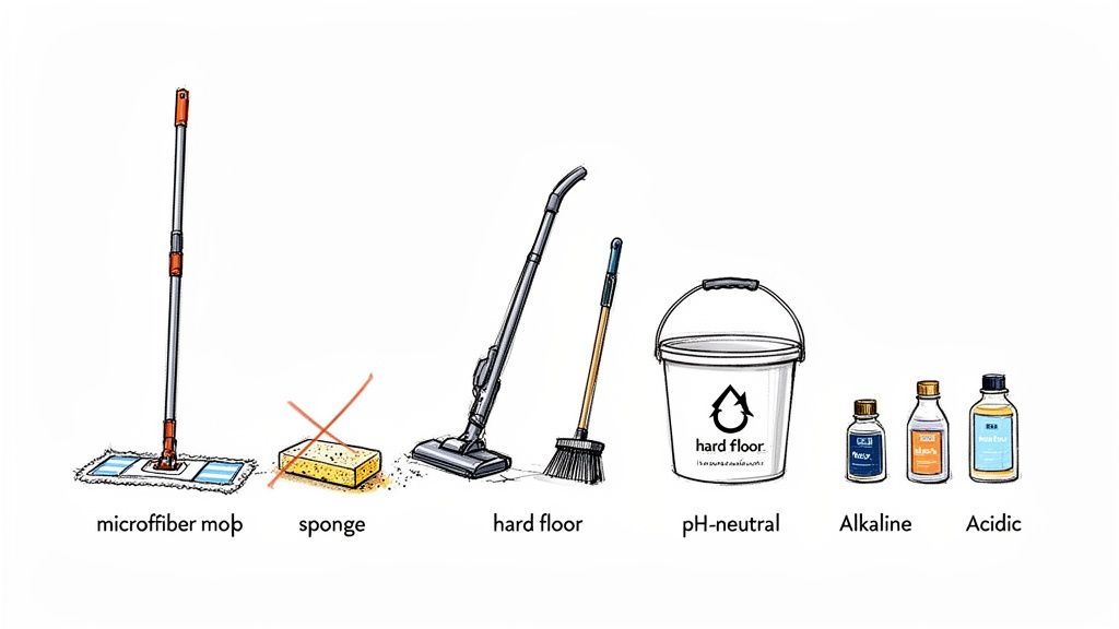 Illustration of cleaning tools and solutions for hard floors, including mop, vacuum, broom, bucket, pH-neutral, alkaline, and acidic cleaners.