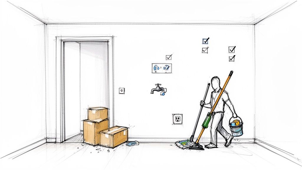A person cleans an empty room with a mop and bucket, near moving boxes and a to-do list.