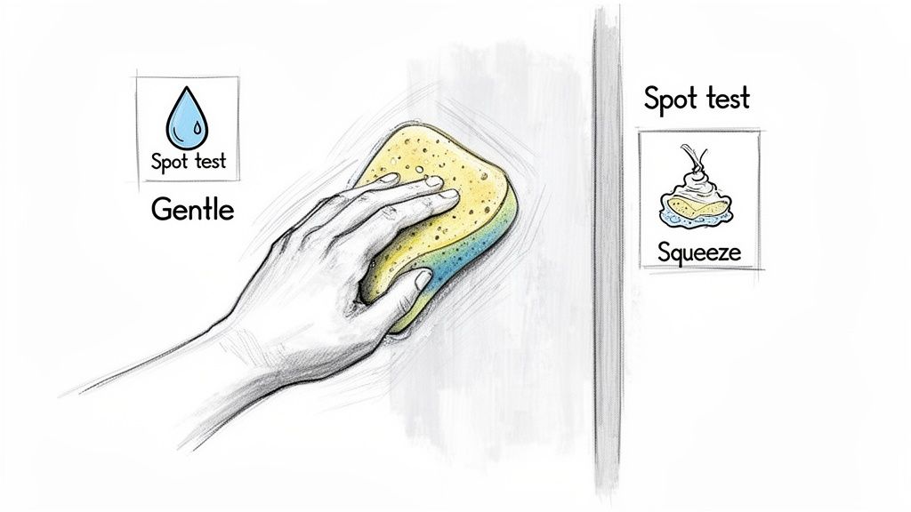 A hand cleaning a surface with a yellow and blue sponge, illustrating spot test methods.