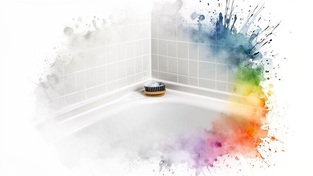 A cleaning brush with suds in a bathtub corner against tiled walls, surrounded by vibrant watercolor splashes.