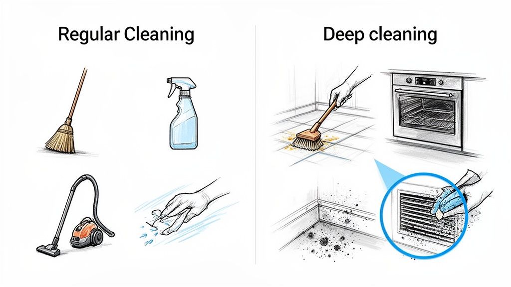 Illustration comparing regular and deep cleaning methods, showing tools and tasks like sweeping, vacuuming, scrubbing, and cleaning vents.