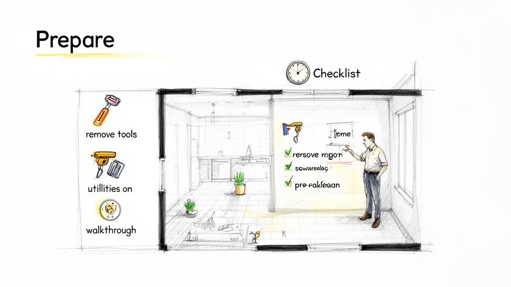 A detailed sketch shows a house interior being prepared for cleaning, with a checklist and tools.