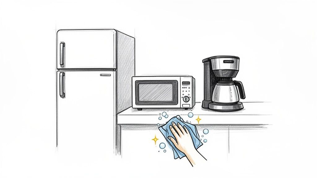 A hand with a blue cloth cleans a kitchen counter with a refrigerator, microwave, and coffee maker.