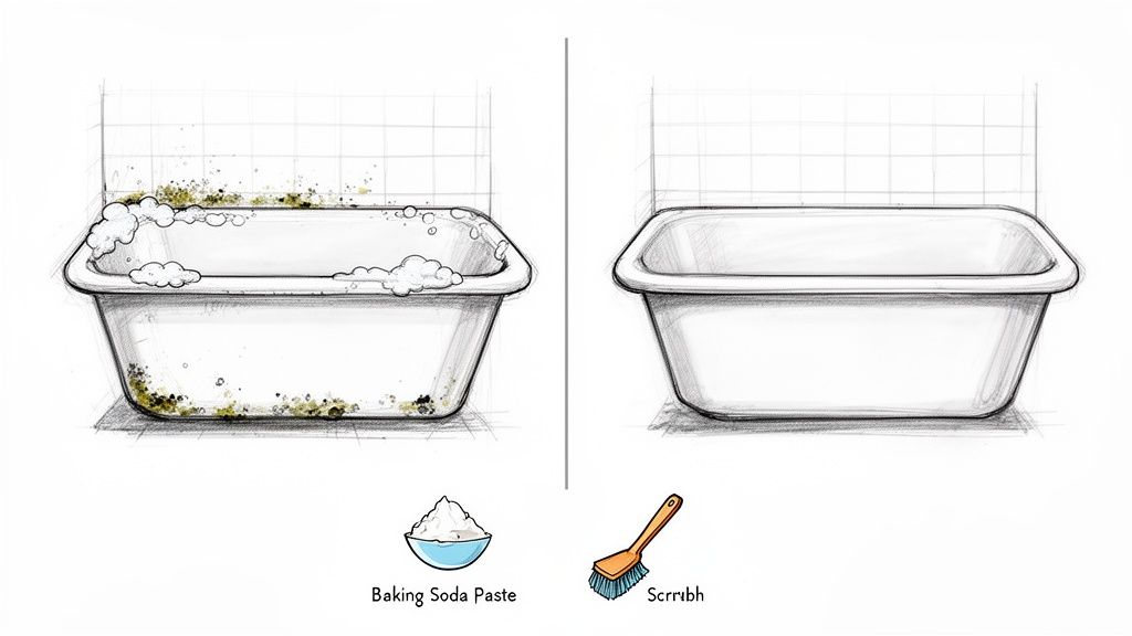Before and after illustration of cleaning a dirty bathtub with baking soda paste and a scrub brush.