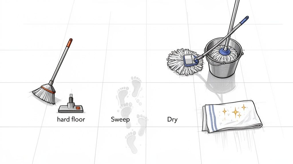 Illustration showing tools for cleaning a hard floor: a broom, vacuum attachment, mop, bucket, and towel.