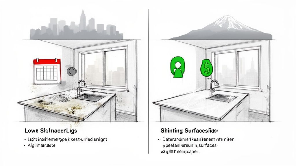Comparison of a dirty kitchen counter and a clean, sparkling one, illustrating cleaning benefits.