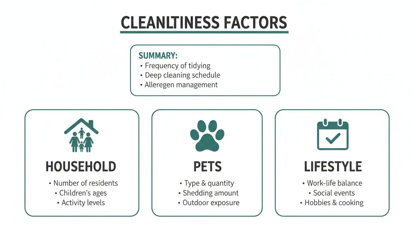 An infographic detailing cleanliness factors for a home, categorized by household, pets, and lifestyle.