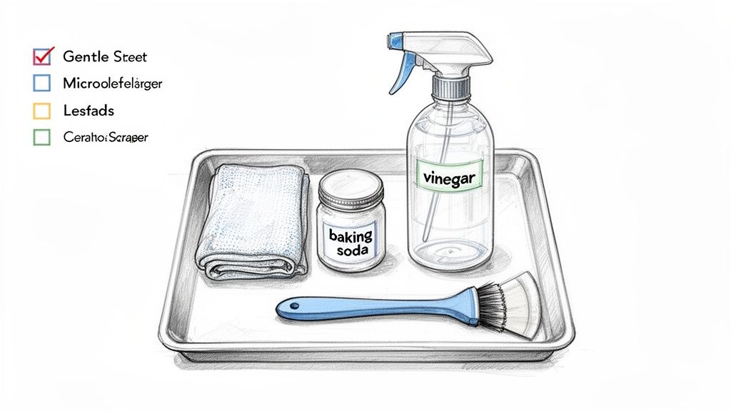 A tray holds a white cloth, baking soda, vinegar spray, and a cleaning brush.