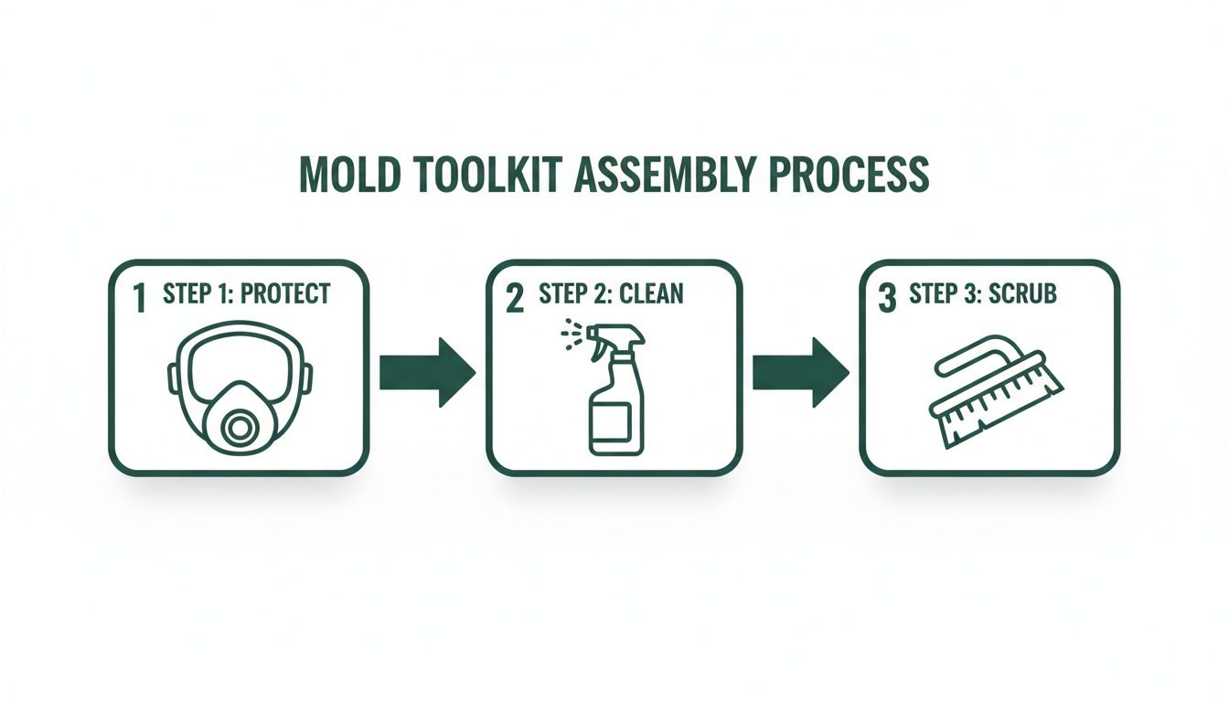 Infographic shows three steps for mold removal: protect with a respirator, clean with spray, and scrub.
