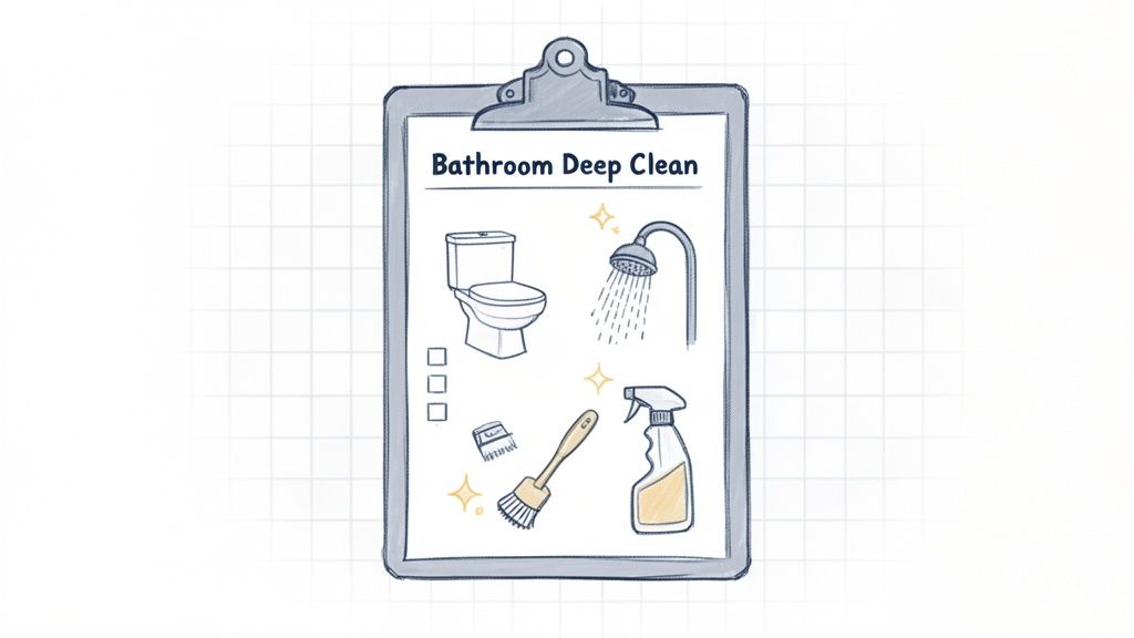 A clipboard displays a 'Bathroom Deep Clean' checklist with illustrations of a toilet, shower, and cleaning tools.