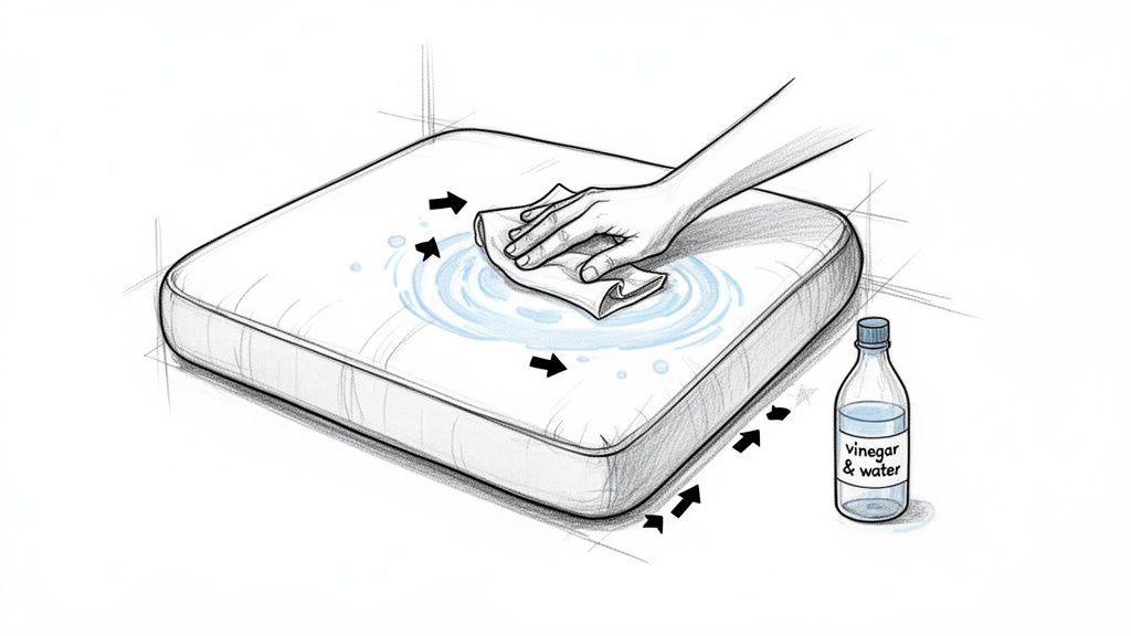 A hand cleans a cushion with a cloth and a bottle of vinegar and water solution.