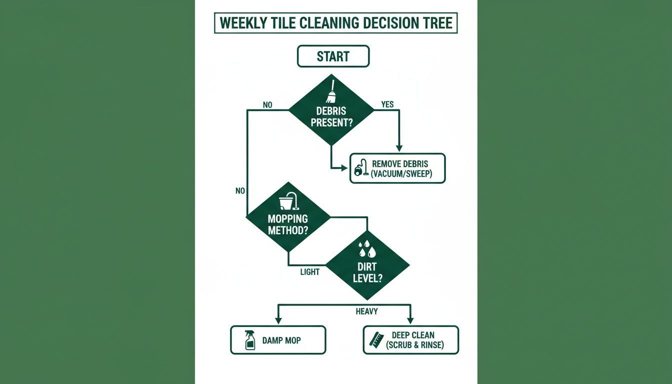 A weekly tile cleaning decision tree flowchart showing steps for removing debris and mopping.