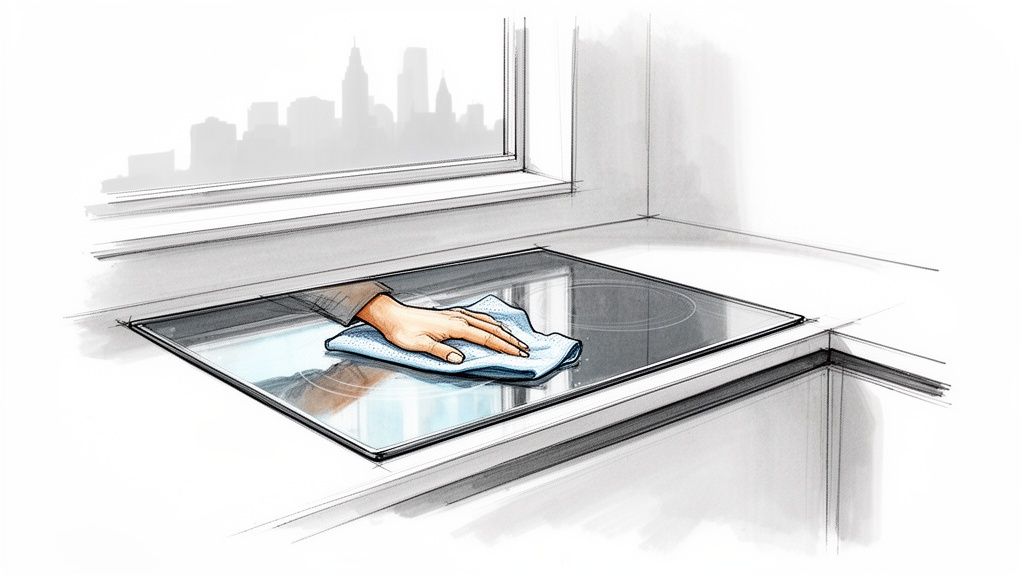 A hand cleaning a shiny black glass stove top with a blue cloth in a modern kitchen.