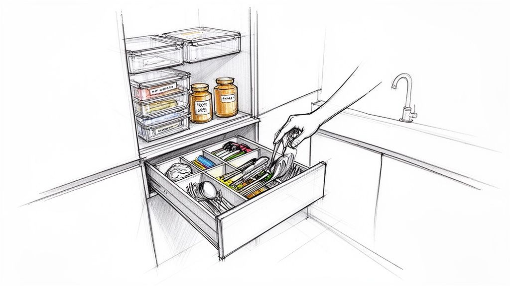 A hand reaches into an organized kitchen drawer filled with utensils and cutlery, next to shelves with food containers and jars.