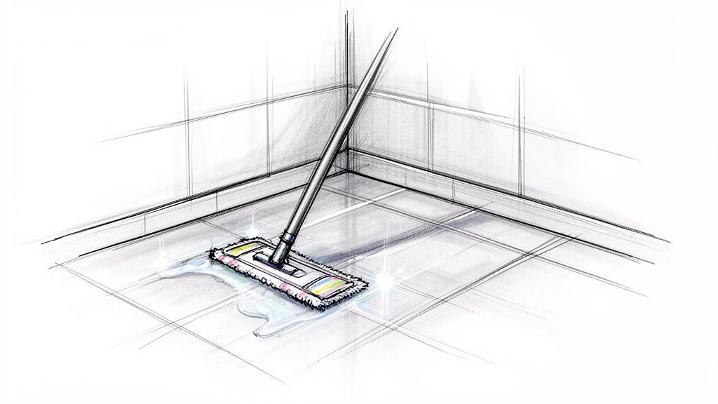 An artistic sketch depicting a mop cleaning a tiled floor, leaving it sparkling clean.