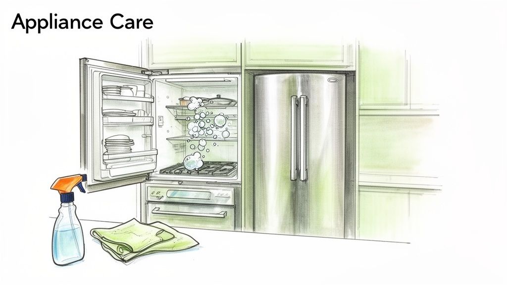 A drawing shows kitchen appliances with an open oven being cleaned and a stainless steel refrigerator. Cleaning supplies are on the counter.