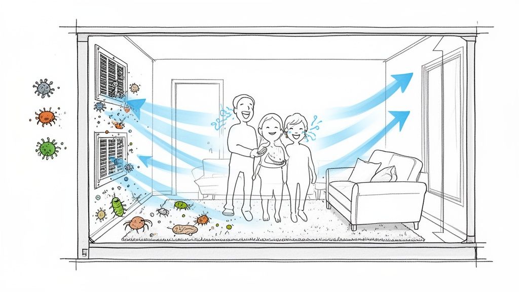 Illustration of a family in a room with air circulation removing airborne contaminants and dust mites.