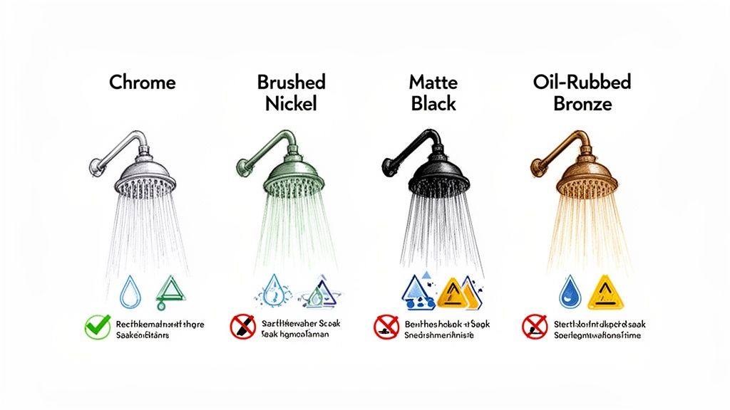 Four shower heads displayed in Chrome, Brushed Nickel, Matte Black, and Oil-Rubbed Bronze finishes with care instructions.